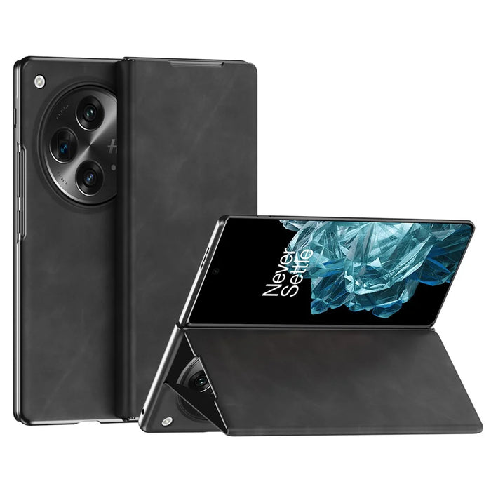 For OnePlus Open Folding Case Nappa Texture Stand Leather + PC Phone Cover - Black - 1