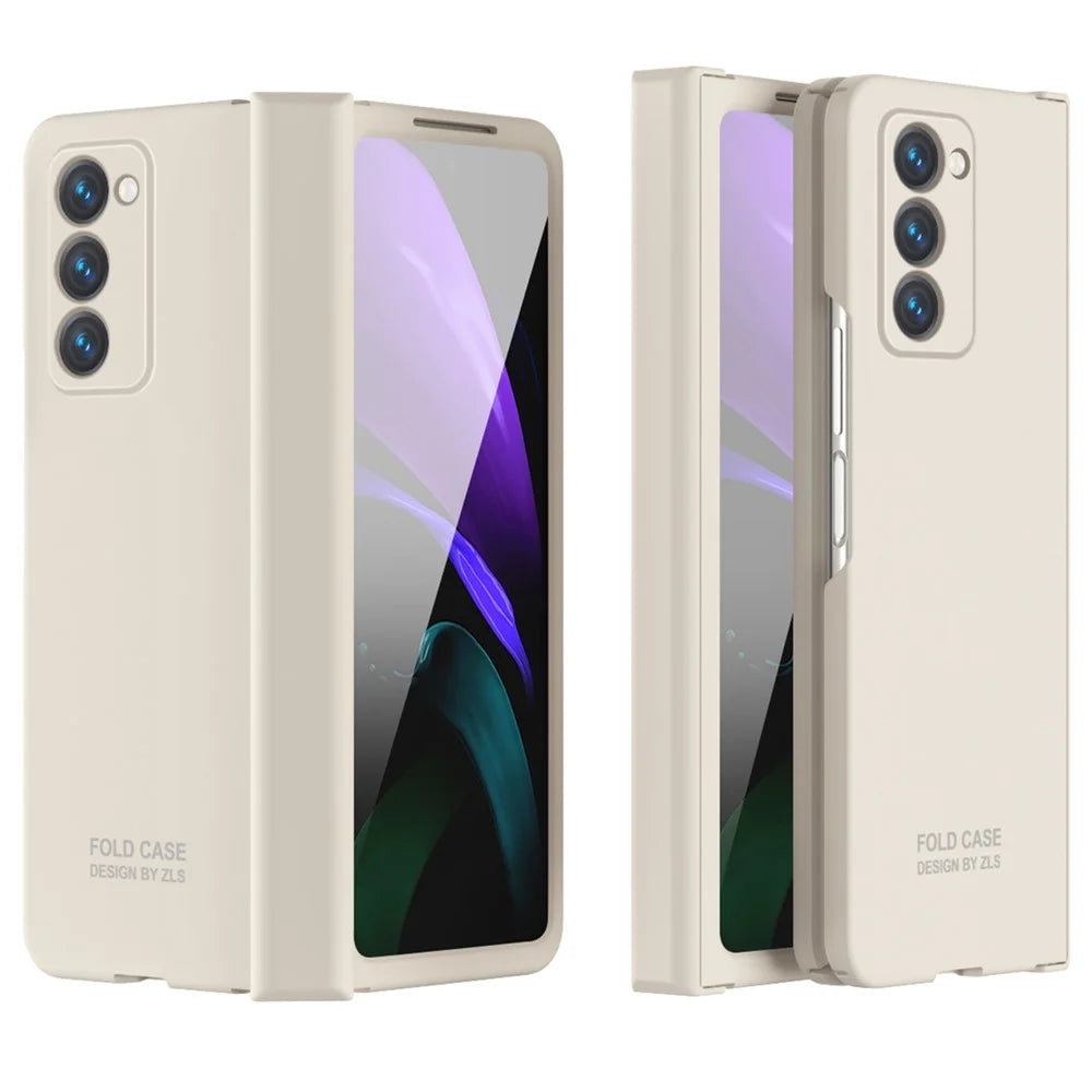 For Samsung Galaxy Z Fold2 5G Hard PC Case Anti-scratch Phone Cover with Tempered Glass Film- Beige - 1