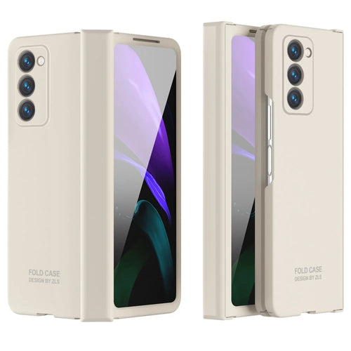 For Samsung Galaxy Z Fold2 5G Hard PC Case Anti-scratch Phone Cover with Tempered Glass Film- Beige - 1