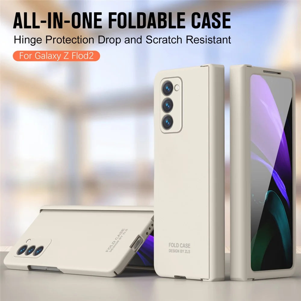 For Samsung Galaxy Z Fold2 5G Hard PC Case Anti-scratch Phone Cover with Tempered Glass Film- Beige - 3