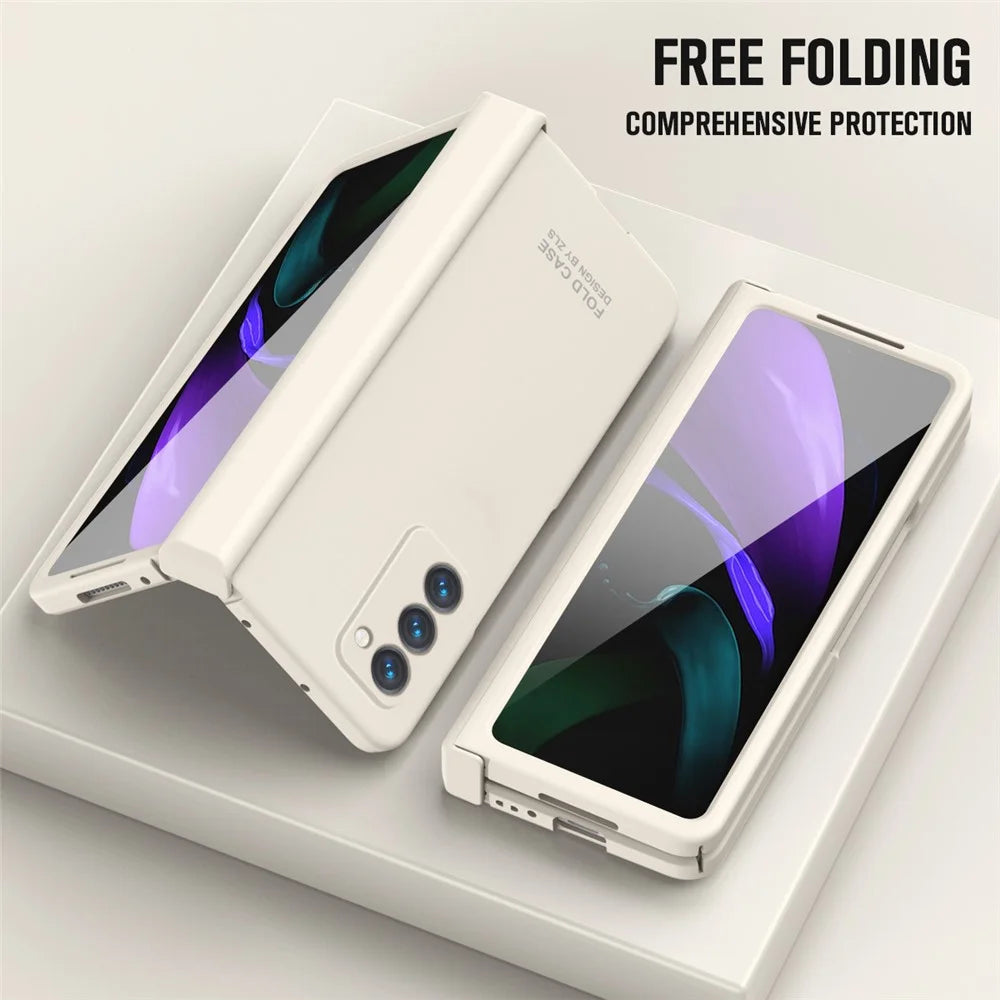 For Samsung Galaxy Z Fold2 5G Hard PC Case Anti-scratch Phone Cover with Tempered Glass Film- Beige - 4