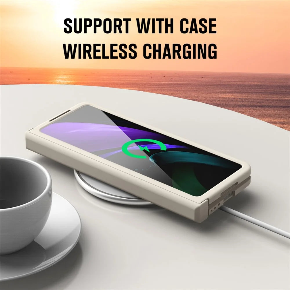 For Samsung Galaxy Z Fold2 5G Hard PC Case Anti-scratch Phone Cover with Tempered Glass Film- Beige - 6