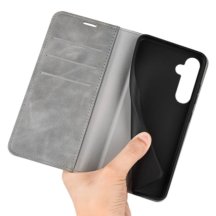 For Samsung Galaxy S24+ Case Skin-touch Leather Wallet Phone Cover - Grey - 4