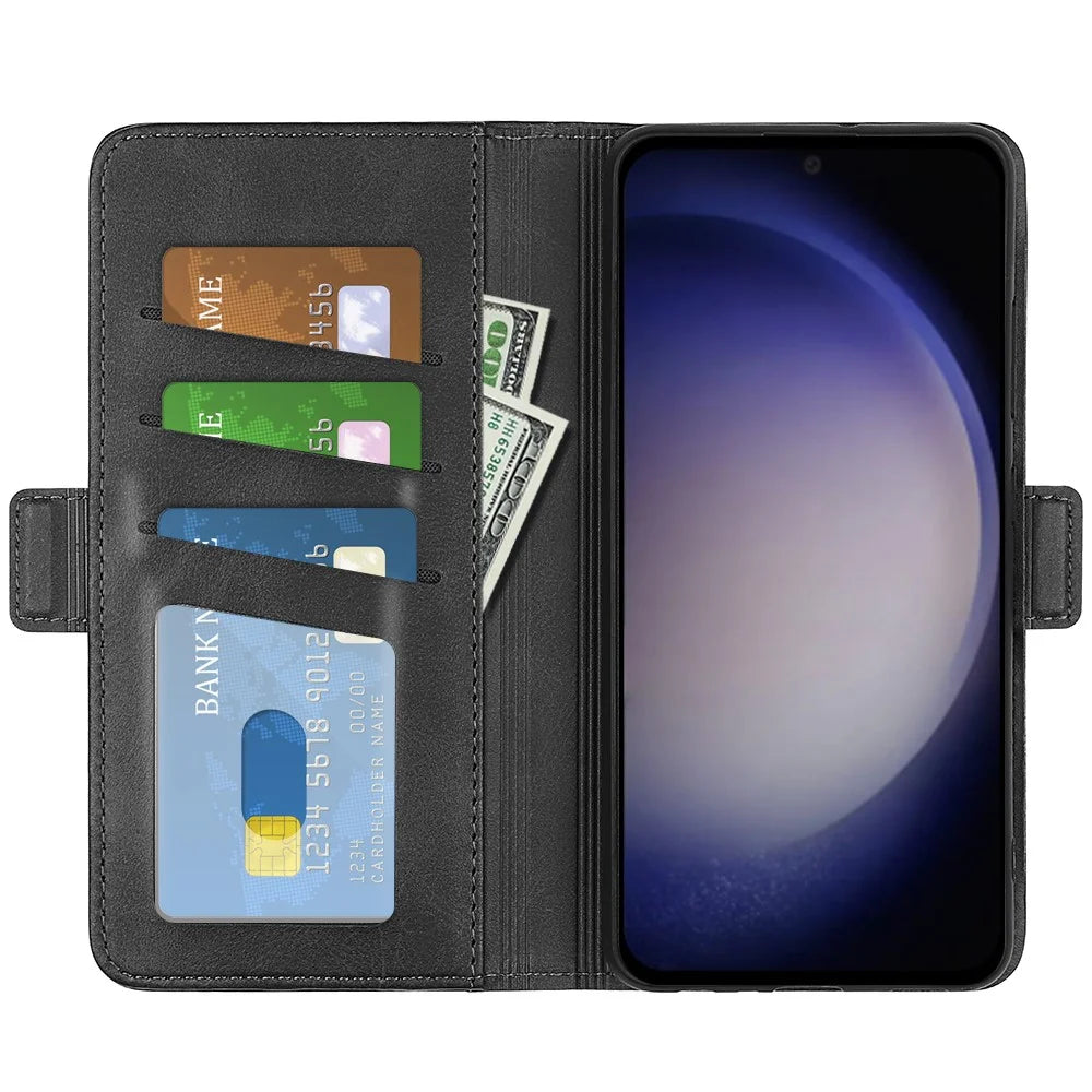 For Samsung Galaxy S24 Case PU Leather Dual Magnetic Clasp Protective Cover - Black - 2