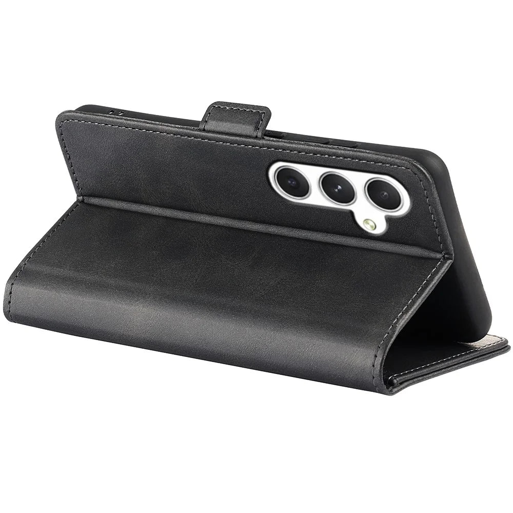 For Samsung Galaxy S24 Case PU Leather Dual Magnetic Clasp Protective Cover - Black - 4