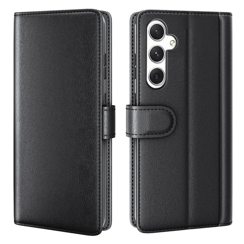 For Samsung Galaxy S24 Case Genuine Split Leather Phone Cover with Wallet Stand - Black - 1