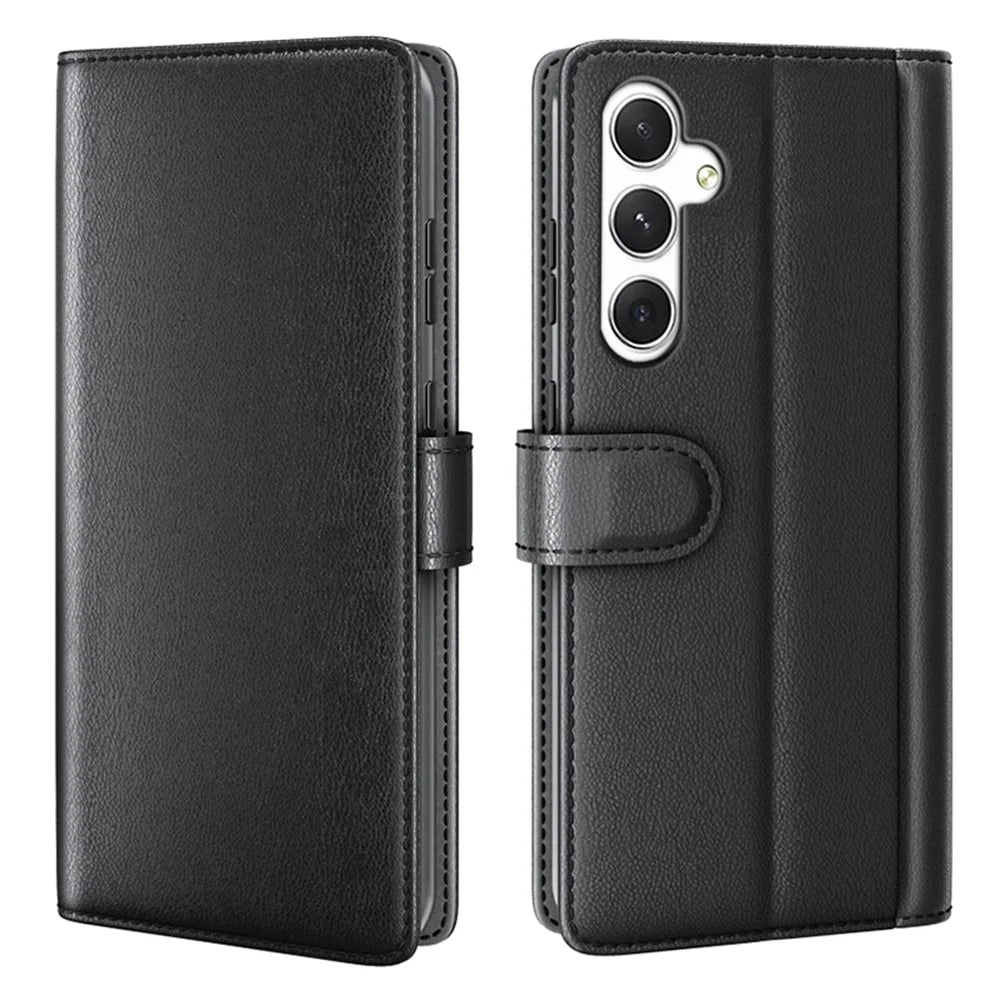 For Samsung Galaxy S24 Case Genuine Split Leather Phone Cover with Wallet Stand - Black - 1