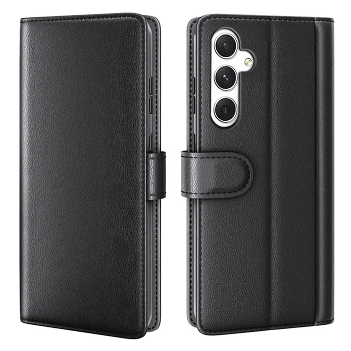 For Samsung Galaxy S24 Case Genuine Split Leather Phone Cover with Wallet Stand - Black - 1