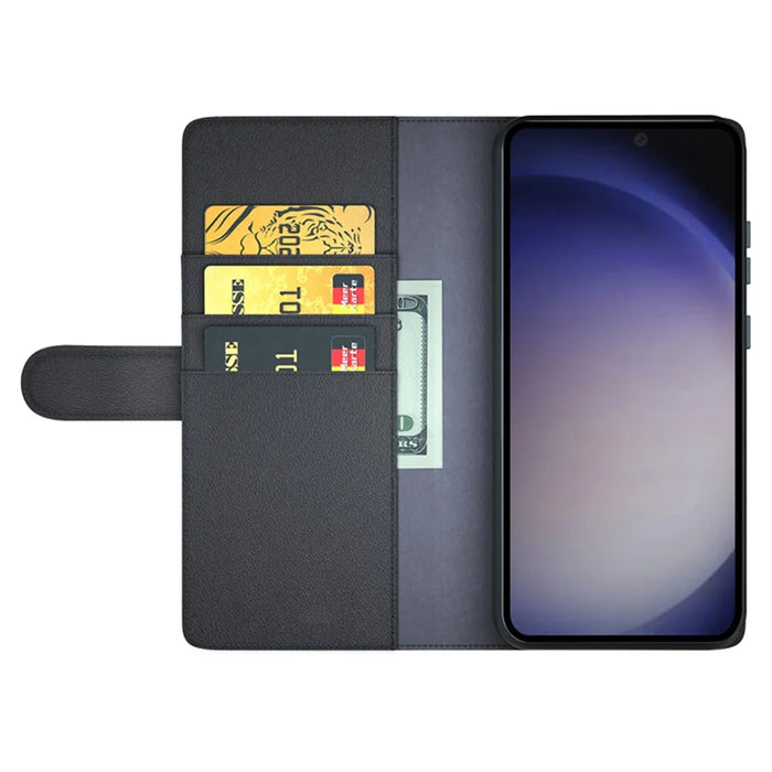 For Samsung Galaxy S24 Case Genuine Split Leather Phone Cover with Wallet Stand - Black - 2