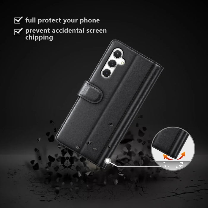 For Samsung Galaxy S24 Case Genuine Split Leather Phone Cover with Wallet Stand - Black - 4