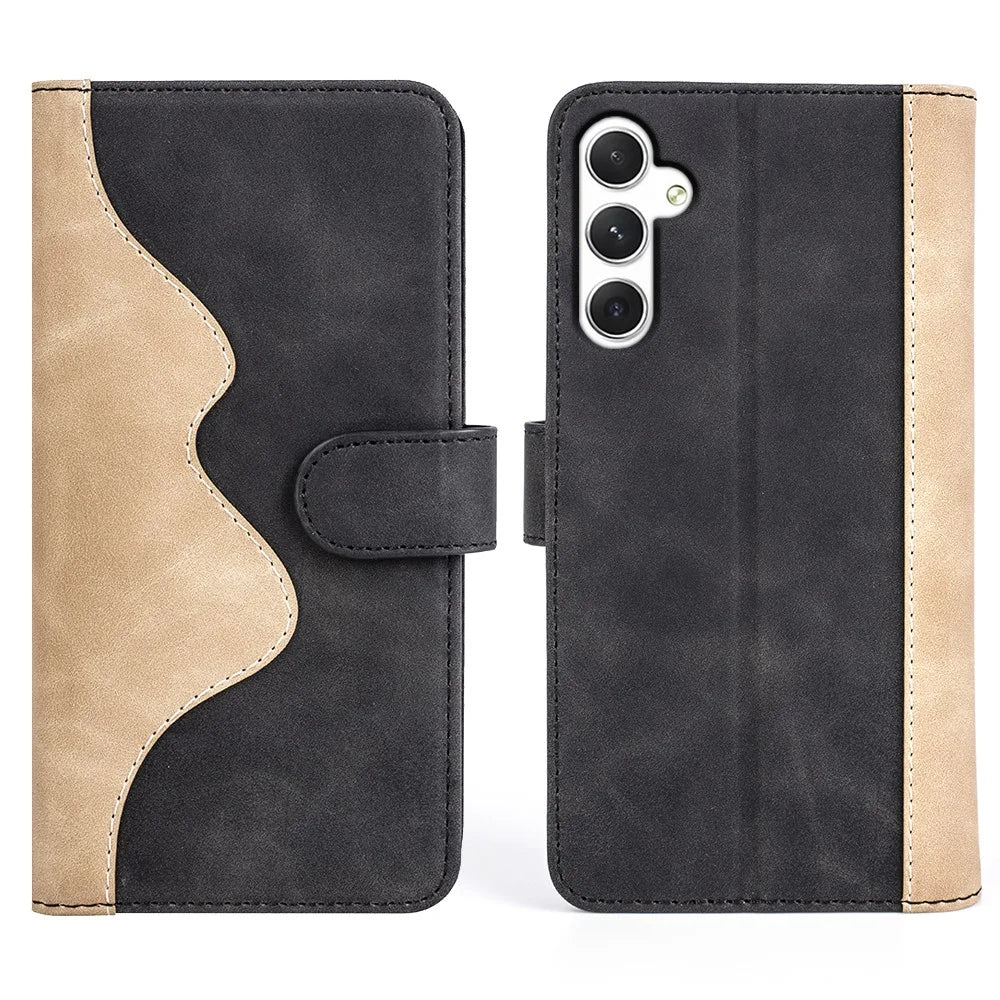 For Samsung Galaxy S24+ Case PU Leather Color Splicing Stand Phone Cover - Black - 1