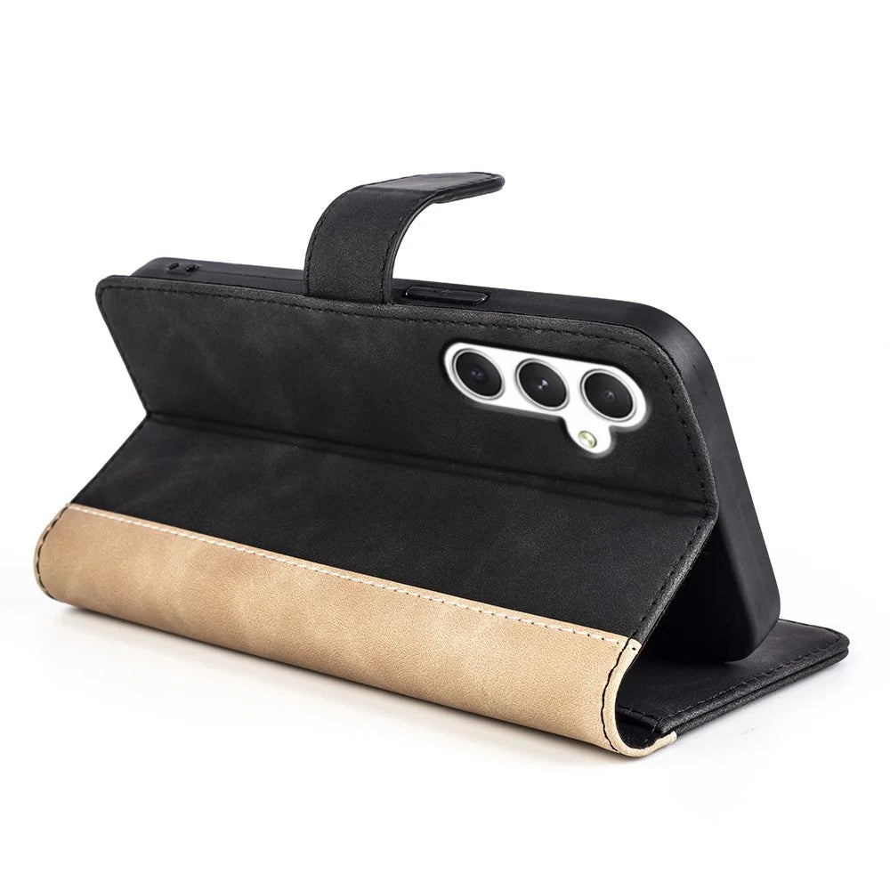 For Samsung Galaxy S24+ Case PU Leather Color Splicing Stand Phone Cover - Black - 3