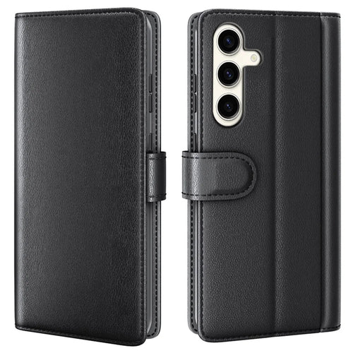 For Samsung Galaxy S24+ Case Genuine Split Leather Phone Cover with Wallet Stand - Black - 1