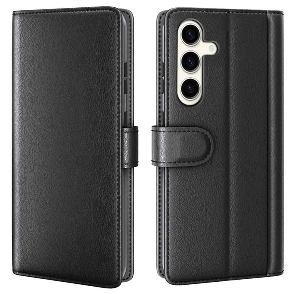 For Samsung Galaxy S24+ Case Genuine Split Leather Phone Cover with Wallet Stand - Black - 1