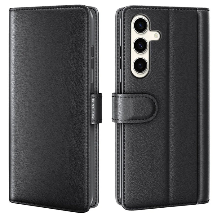 For Samsung Galaxy S24+ Case Genuine Split Leather Phone Cover with Wallet Stand - Black - 1