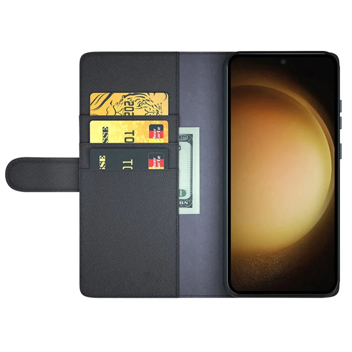 For Samsung Galaxy S24+ Case Genuine Split Leather Phone Cover with Wallet Stand - Black - 2