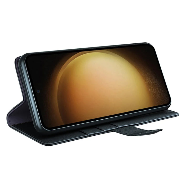 For Samsung Galaxy S24+ Case Genuine Split Leather Phone Cover with Wallet Stand - Black - 3