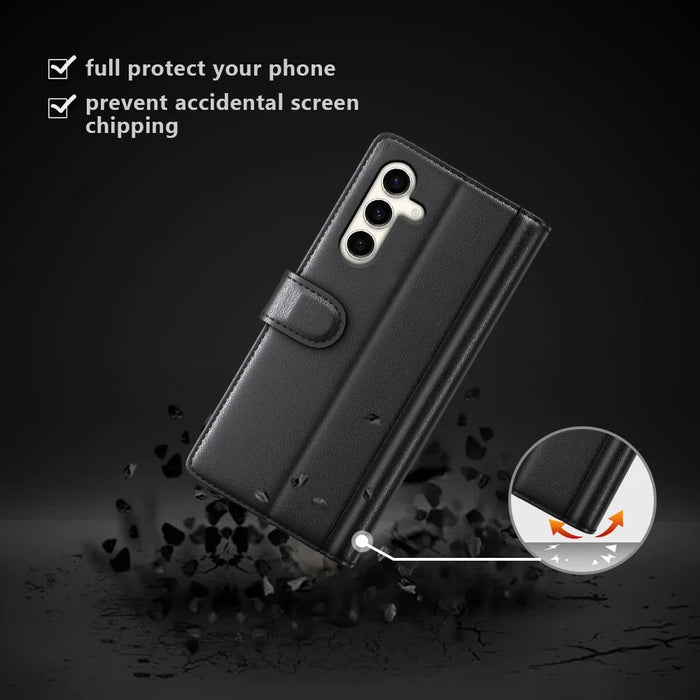 For Samsung Galaxy S24+ Case Genuine Split Leather Phone Cover with Wallet Stand - Black - 4