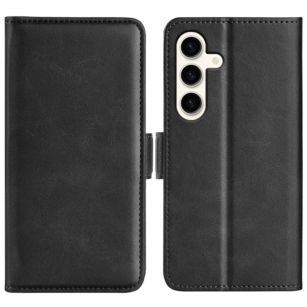 For Samsung Galaxy S24+ Case Dual Magnetic Clasp Folio PU Leather Phone Cover - Black - 1