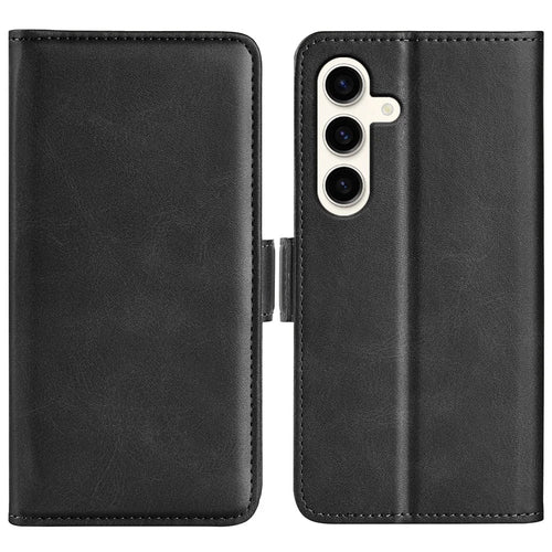 For Samsung Galaxy S24+ Case Dual Magnetic Clasp Folio PU Leather Phone Cover - Black - 1