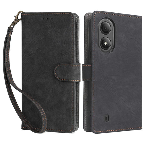 For ZTE Blade A33S Leather Case RFID Blocking Phone Cover with Strap - Black - 1