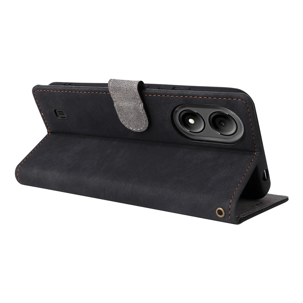 For ZTE Blade A33S Leather Case RFID Blocking Phone Cover with Strap - Black - 4