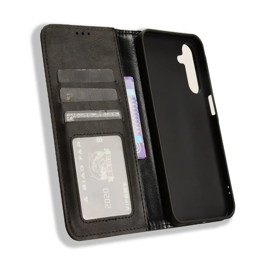 For Samsung Galaxy A25 5G (Global) (161.0 x 76.5 x 8.3mm) Leather Case Magnetic Auto Closing Phone Cover - Black - 5