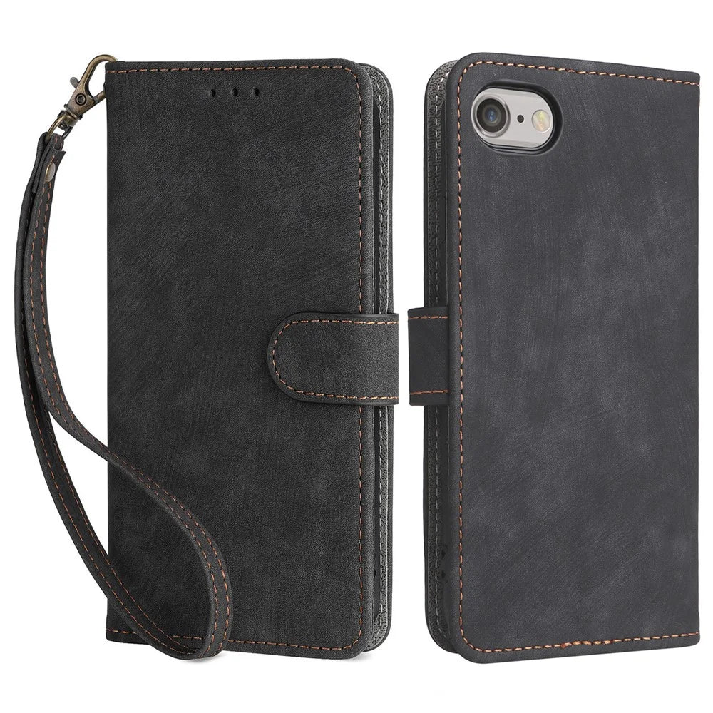 For iPhone 6 / 6s / 7 / 8 / SE (2020) / SE (2022) Case RFID Blocking Wallet Phone Cover with Strap - Black - 1