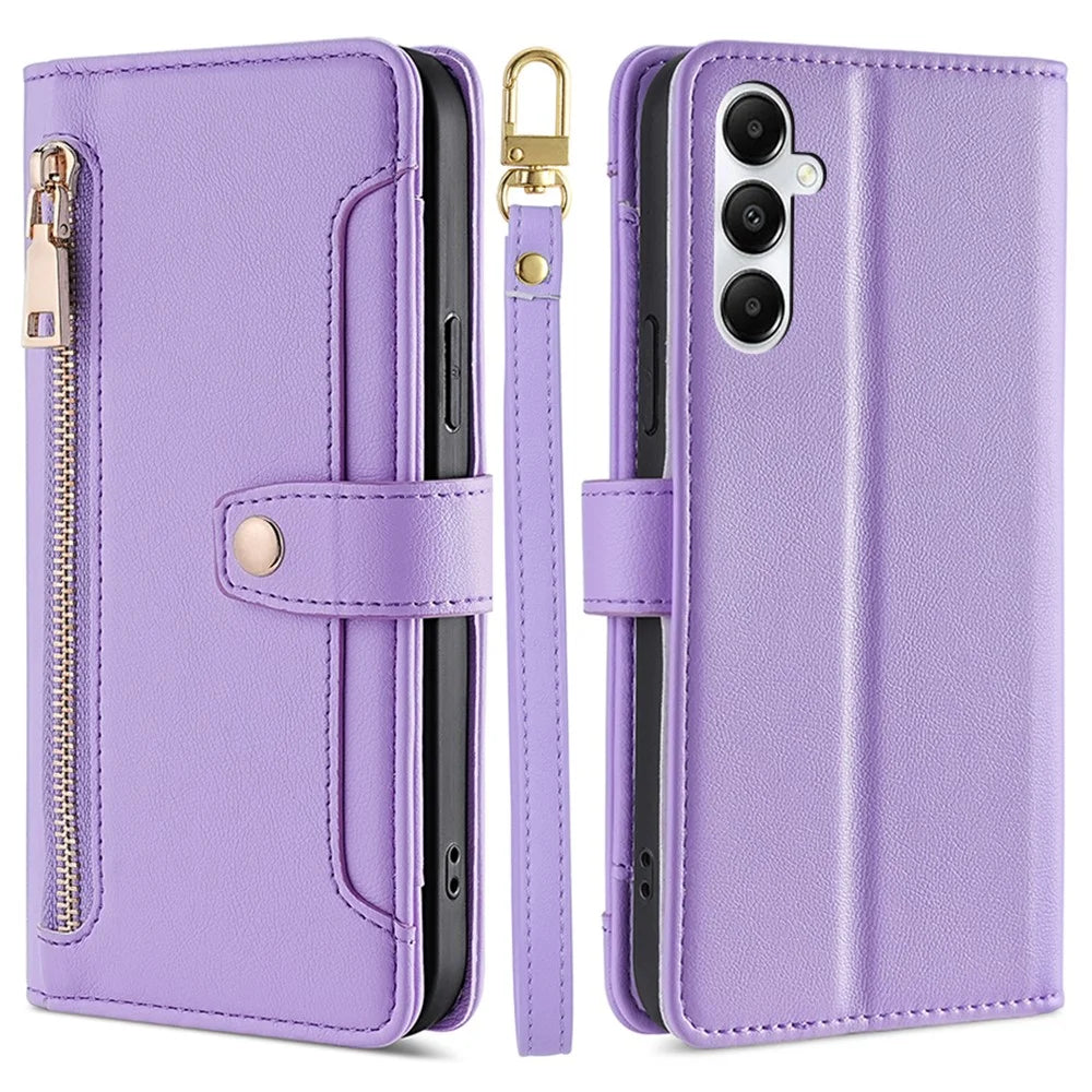 For Samsung Galaxy A05s 4G Case Zipper Pocket Wallet PU Leather Phone Cover with 2 Straps - Purple - 1