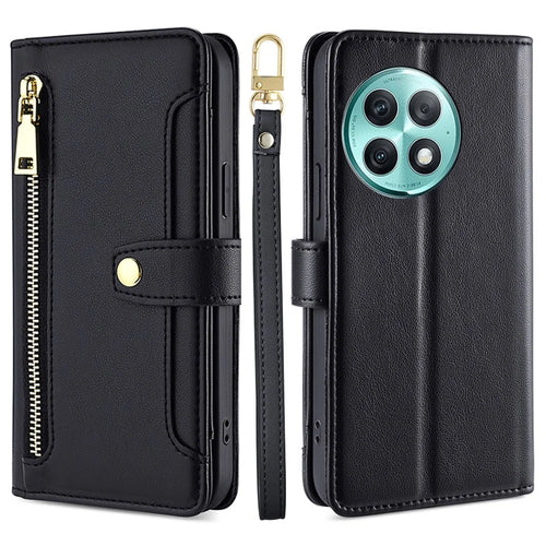 For OnePlus Ace 2 Pro 5G Case Zipper Pocket PU Leather Wallet Phone Cover with 2 Straps - Black - 1