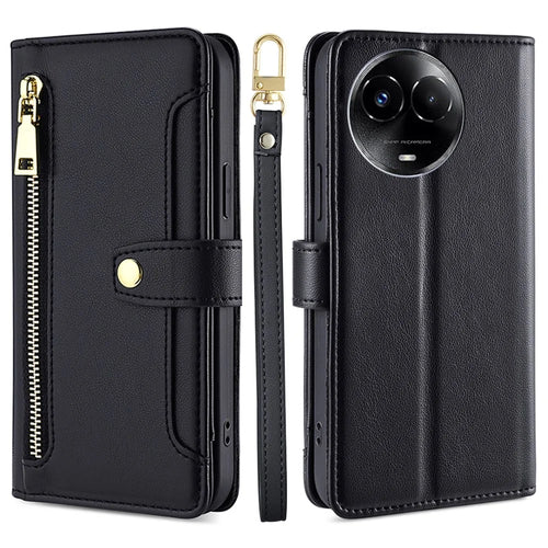 For Realme 11x 5G / 11 5G (Global) Case Wallet Stand Leather Cellphone Cover with 2 Straps - Black - 1