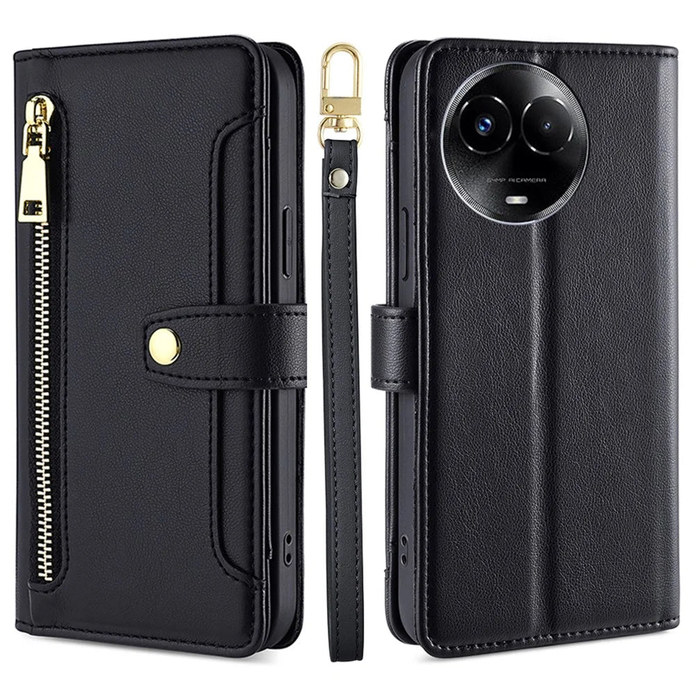 For Realme 11x 5G / 11 5G (Global) Case Wallet Stand Leather Cellphone Cover with 2 Straps - Black - 1