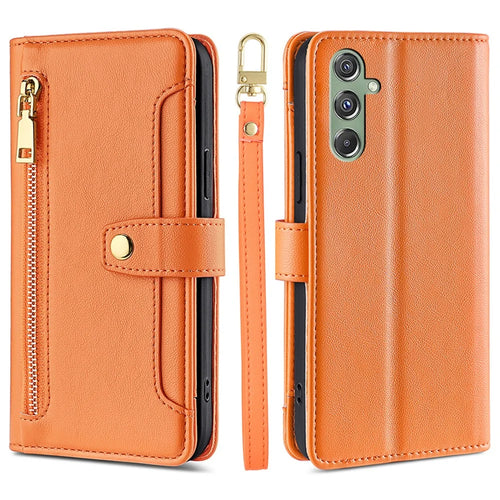 For Samsung Galaxy M34 5G / F34 5G Case Zipper Wallet Leather Anti-Drop Phone Cover with 2 Straps - Orange - 1