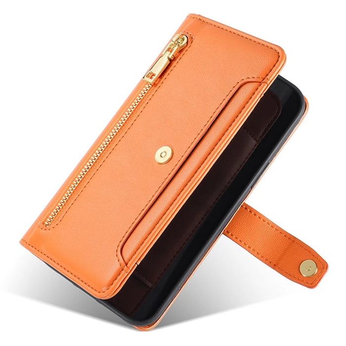 For Samsung Galaxy M34 5G / F34 5G Case Zipper Wallet Leather Anti-Drop Phone Cover with 2 Straps - Orange - 5
