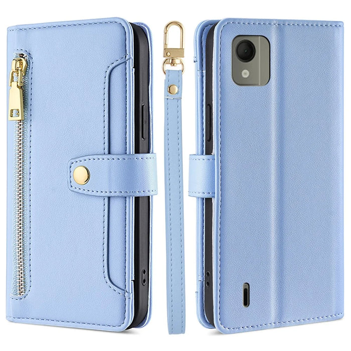 For Nokia C110 Case Zipper Leather Wallet Anti-Drop Phone Cover with Wrist Strap and Shoulder Strap - Blue - 1
