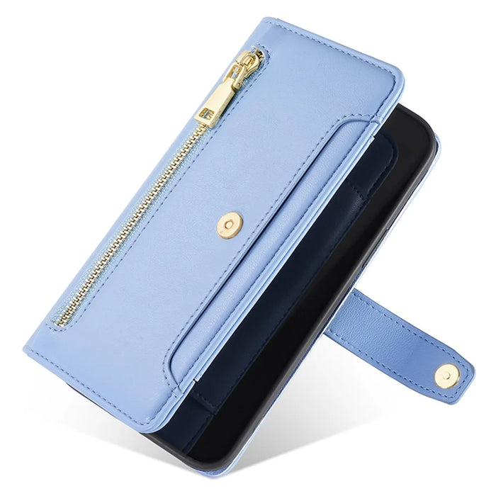 For Nokia C110 Case Zipper Leather Wallet Anti-Drop Phone Cover with Wrist Strap and Shoulder Strap - Blue - 5