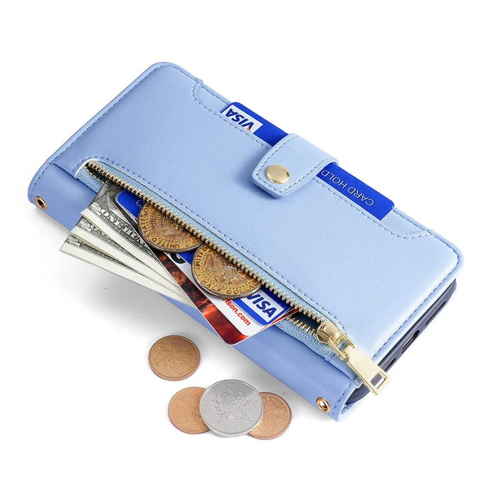 For Nokia C110 Case Zipper Leather Wallet Anti-Drop Phone Cover with Wrist Strap and Shoulder Strap - Blue - 6