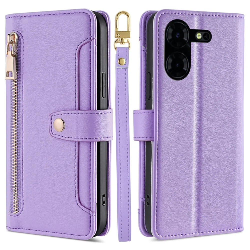 For TECNO Pova 5 Pro 4G Case Zipper Pocket Leather Phone Protection Cover with 2 Straps - Purple - 1