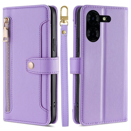 For TECNO Pova 5 Pro 4G Case Zipper Pocket Leather Phone Protection Cover with 2 Straps - Purple - 1