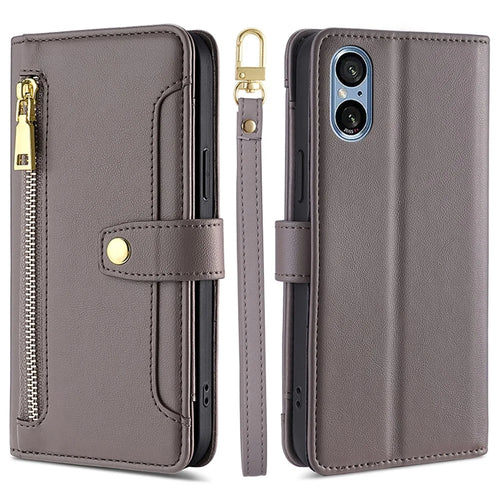 For Sony Xperia 5 V Case Wallet Stand Textured Leather Phone Cover with 2 Straps - Grey - 1