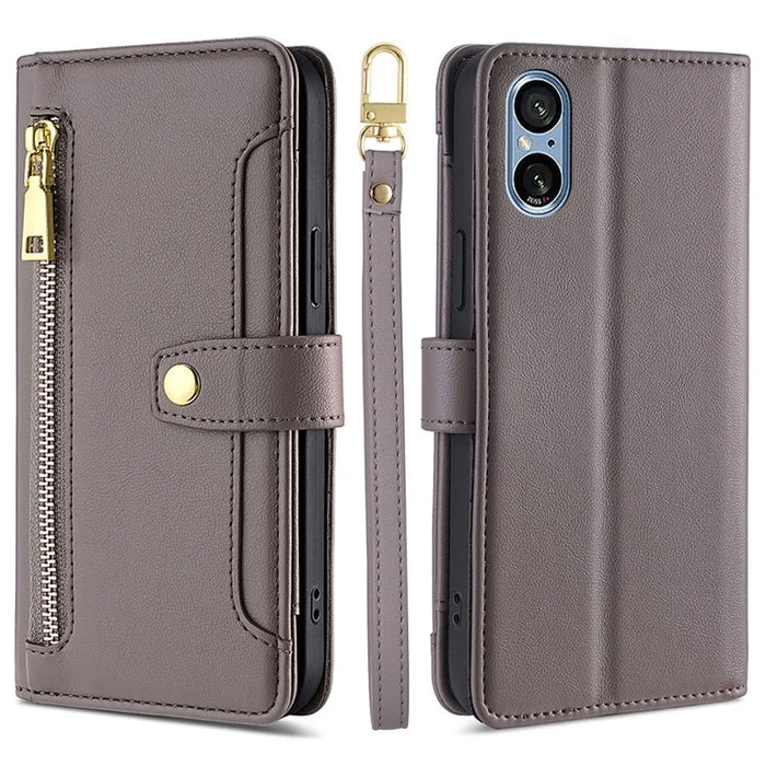 For Sony Xperia 5 V Case Wallet Stand Textured Leather Phone Cover with 2 Straps - Grey - 1