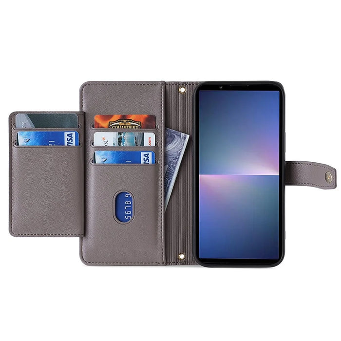 For Sony Xperia 5 V Case Wallet Stand Textured Leather Phone Cover with 2 Straps - Grey - 2