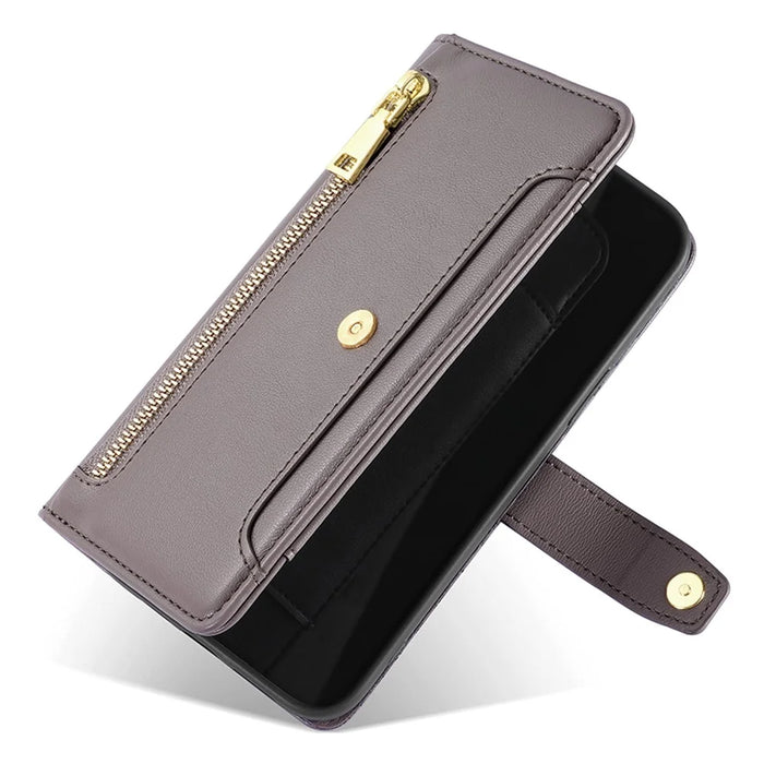 For Sony Xperia 5 V Case Wallet Stand Textured Leather Phone Cover with 2 Straps - Grey - 5