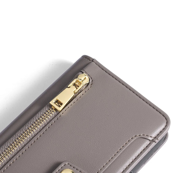 For Sony Xperia 5 V Case Wallet Stand Textured Leather Phone Cover with 2 Straps - Grey - 7