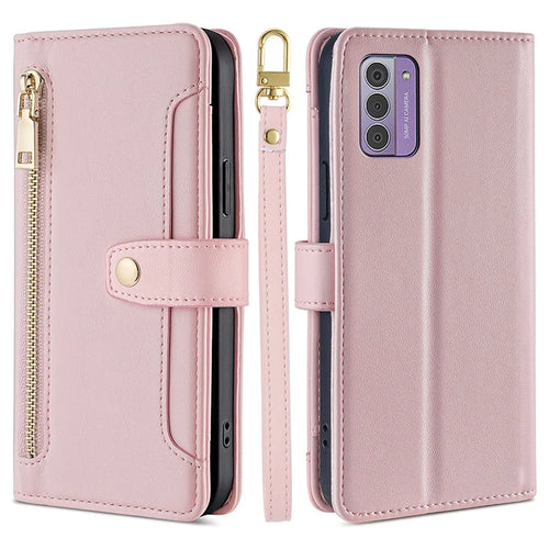 For Nokia G42 Case Zipper Wallet Leather Shockproof Phone Cover with Long and Short Strap - Pink - 1