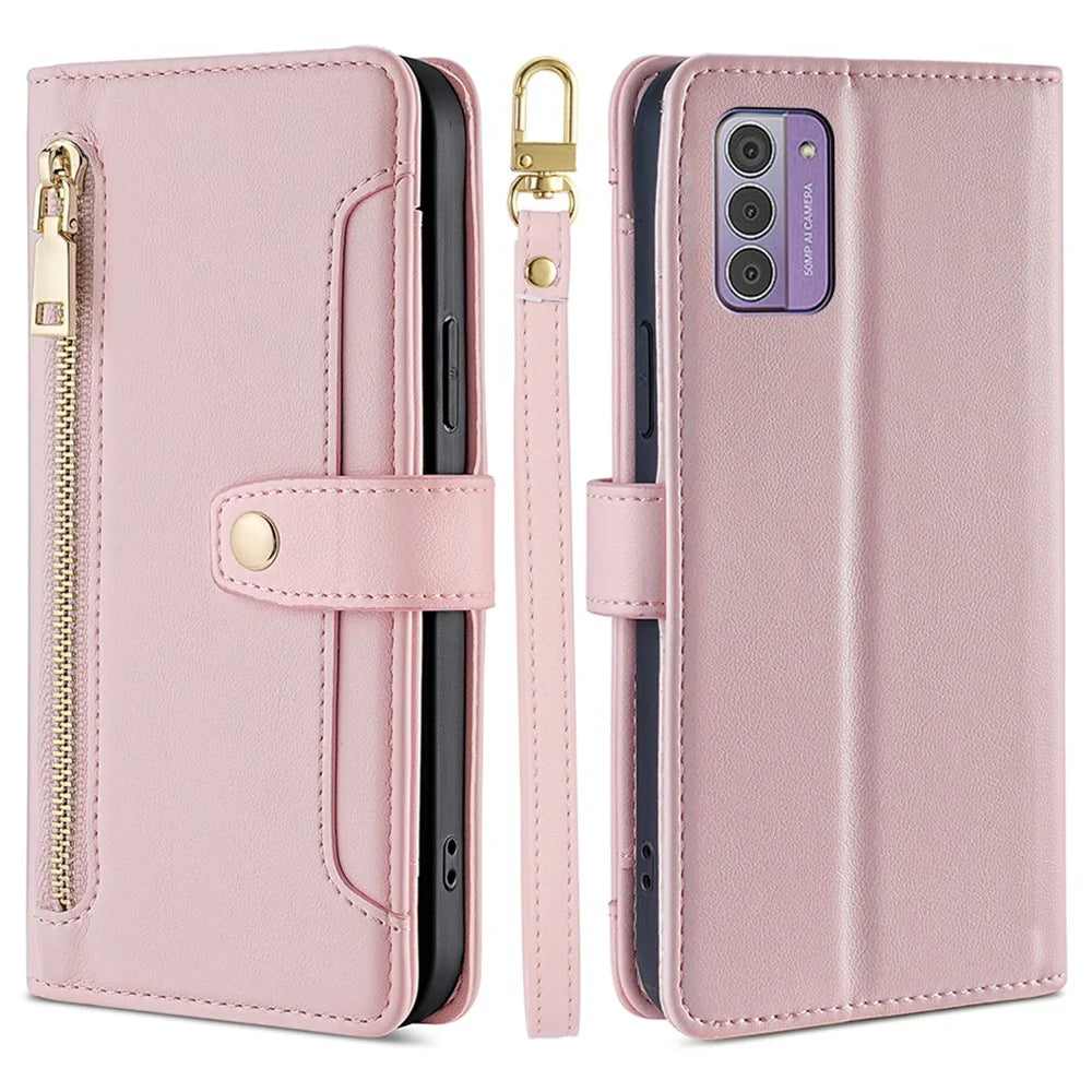 For Nokia G42 Case Zipper Wallet Leather Shockproof Phone Cover with Long and Short Strap - Pink - 1