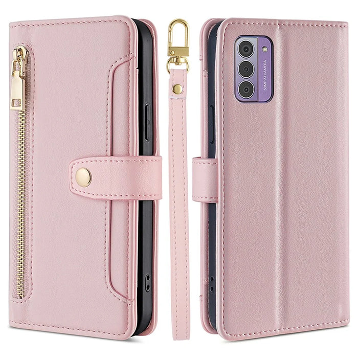 For Nokia G42 Case Zipper Wallet Leather Shockproof Phone Cover with Long and Short Strap - Pink - 1