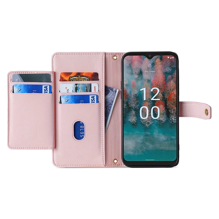 For Nokia G42 Case Zipper Wallet Leather Shockproof Phone Cover with Long and Short Strap - Pink - 2