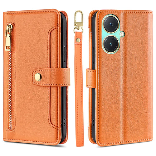 For vivo Y27 4G Case Leather Wallet Stand Magnetic Clasp Phone Cover with 2 Straps - Orange - 1