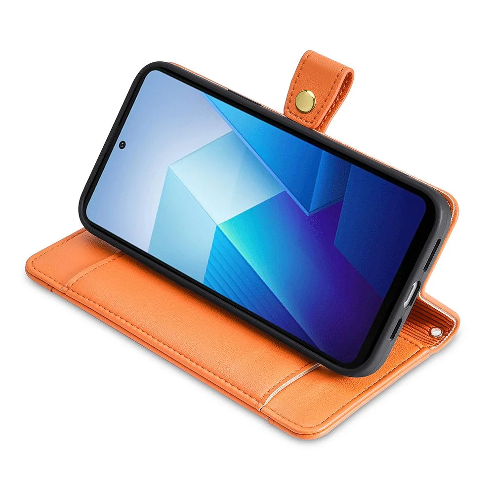 For vivo Y27 4G Case Leather Wallet Stand Magnetic Clasp Phone Cover with 2 Straps - Orange - 3